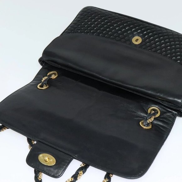 BALLY Quilted Chain Shoulder Bag Leather Black Gold Auth kk478 - Picture 14 of 16